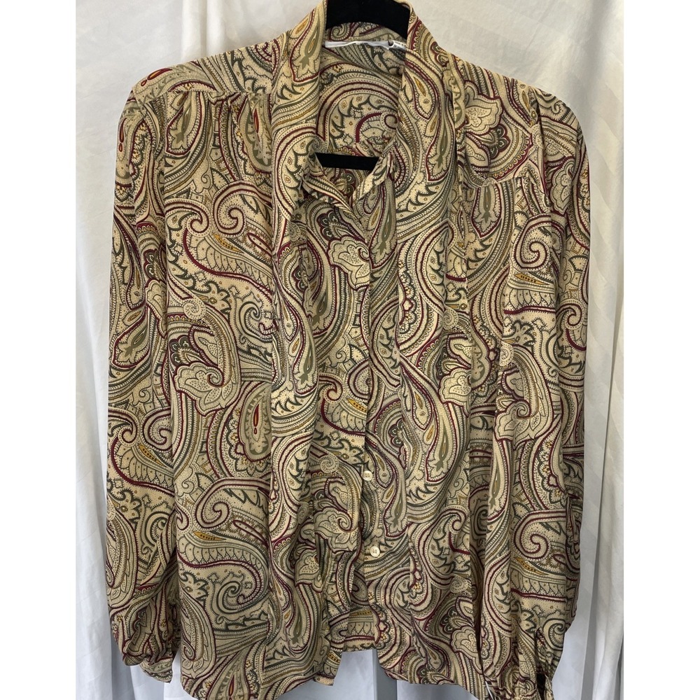 Vintage Alfred Dunner Paisley Tie Blouse Sz‎ 14 Retro Colorful Button Down Fall